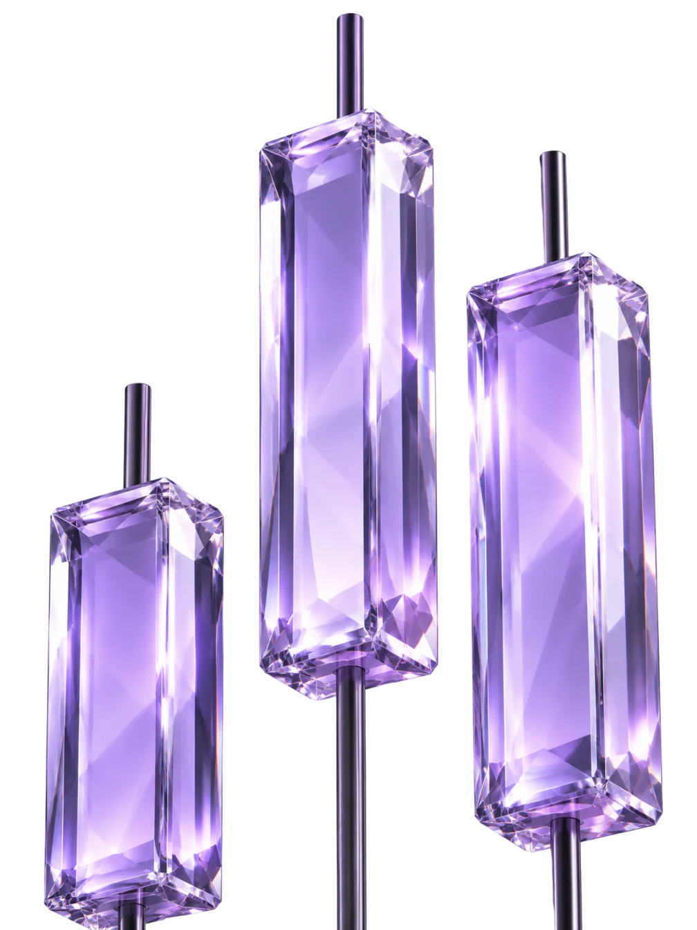Three lavender glass trading candlesticks